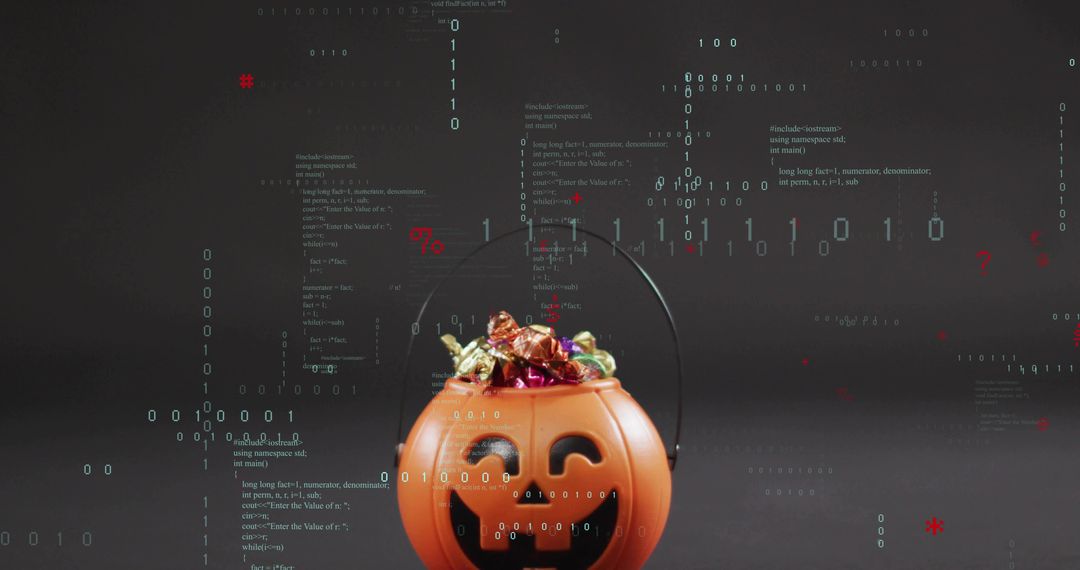 Jack-o'-lantern bucket overflowing with foil candies against digital binary background