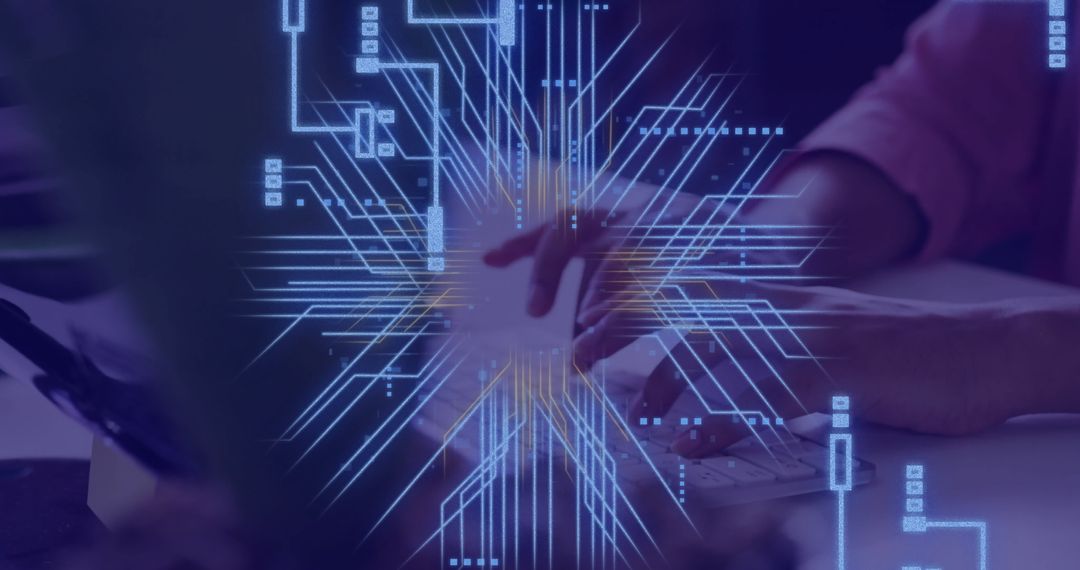 Caucasian Woman Using Laptop with Digital Circuit Interface