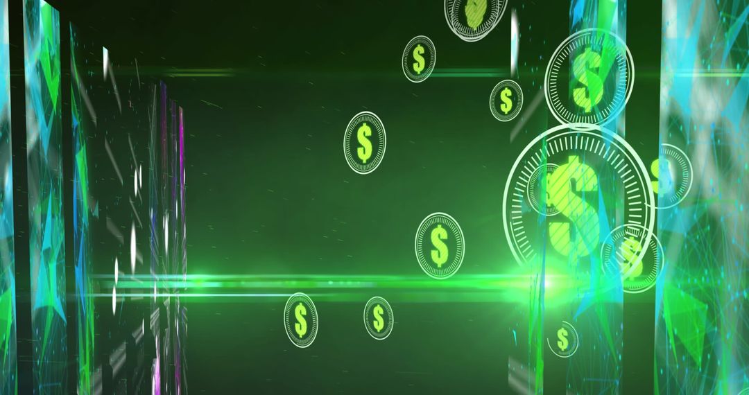 Digital Currency Symbols Floating on Futuristic Green Background