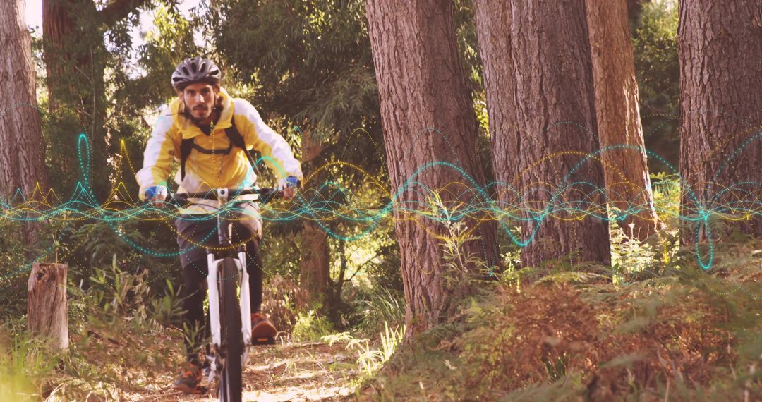 Cyclist on Forest Trail with Digital Element Overlay