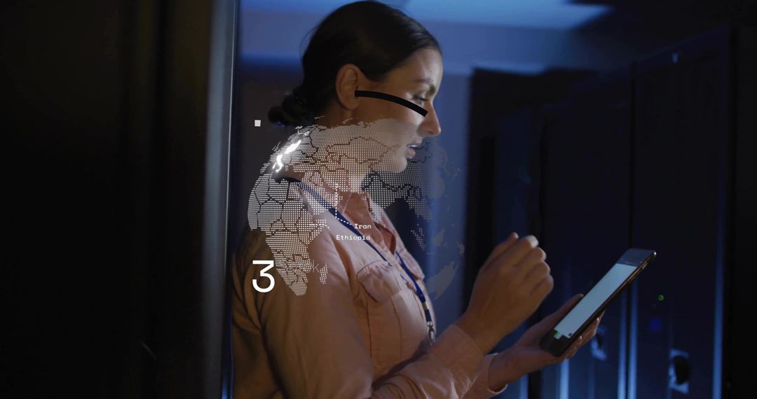 Female engineer using tablet in datacenter with holographic world map and blue LED lights