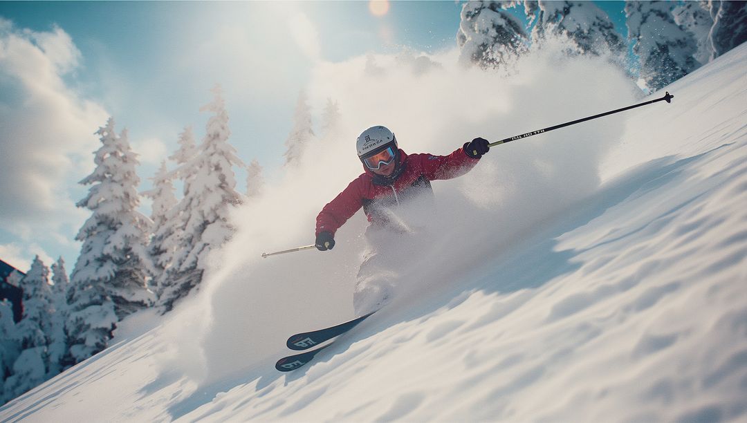 Skiing Through Powder on Sunlit Alpine Slope