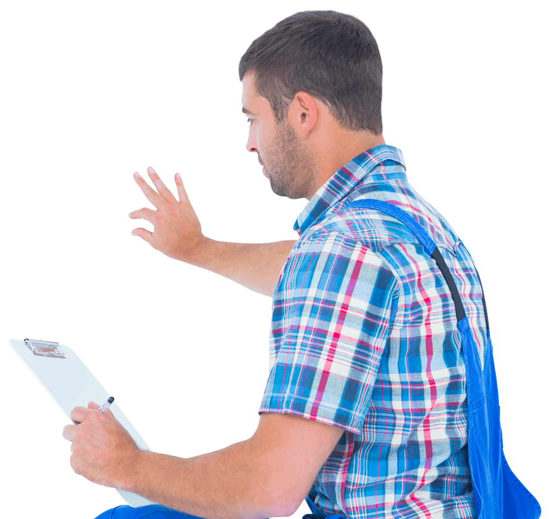 Transparent Image of Handyman Analyzing Repair in Work Attire