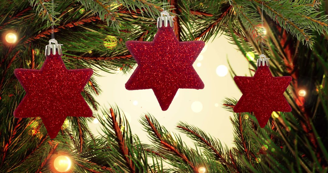 Festive Red Star Ornaments on Christmas Tree