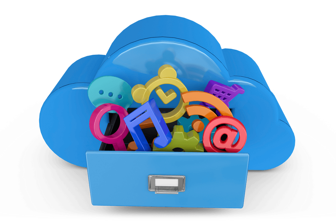 Cloud Storage with Digital Communication Icons on Transparent Background