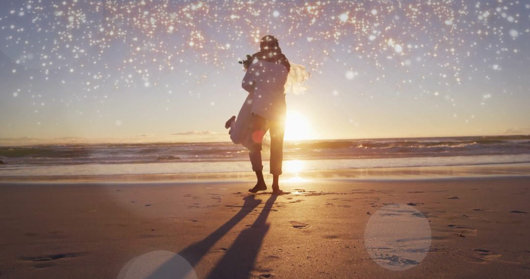 Romantic Couple Embracing at Sunlit Beach