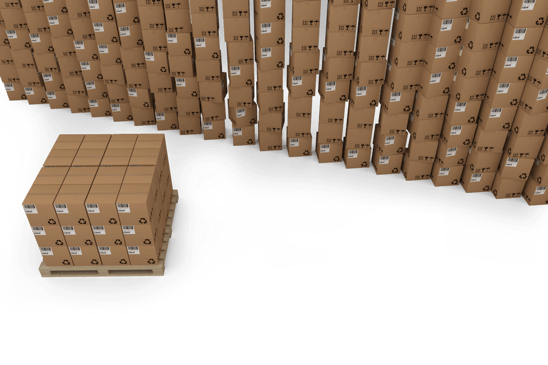 Stacked Cardboard Boxes on Warehouse Pallet Transparent Background