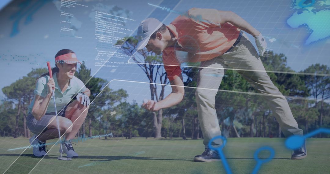 Couple Evaluating golf Putt With Analytical Data Overlay on Golf Course