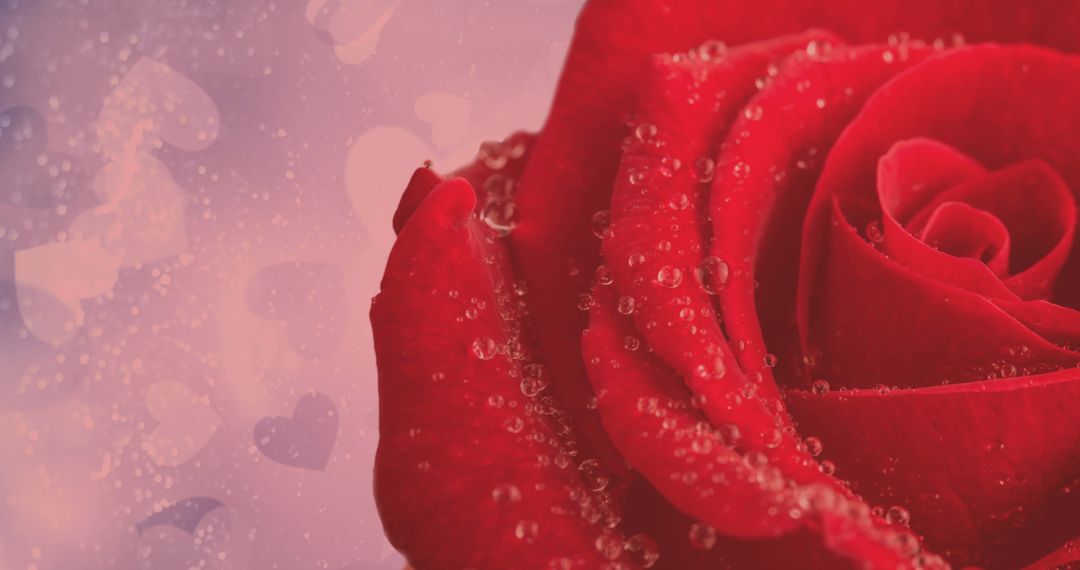 Single Red Rose With Dew and Heart Motif Background