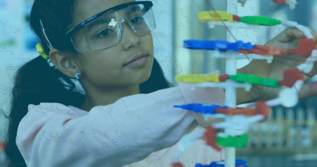 Curious Girl Studying DNA Model with Overlay of Math Formulas