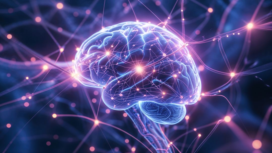 Glowing Neon 3D Brain with Interconnected Neural Networks in Digital Space