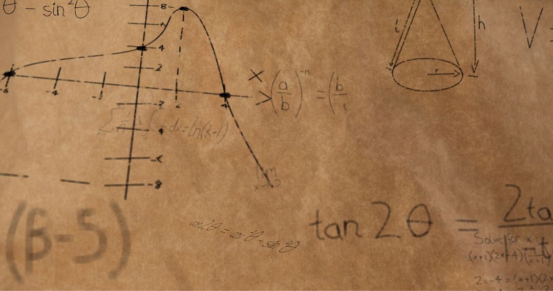 Mathematical Equations and Graph Illustrations on Brown Background