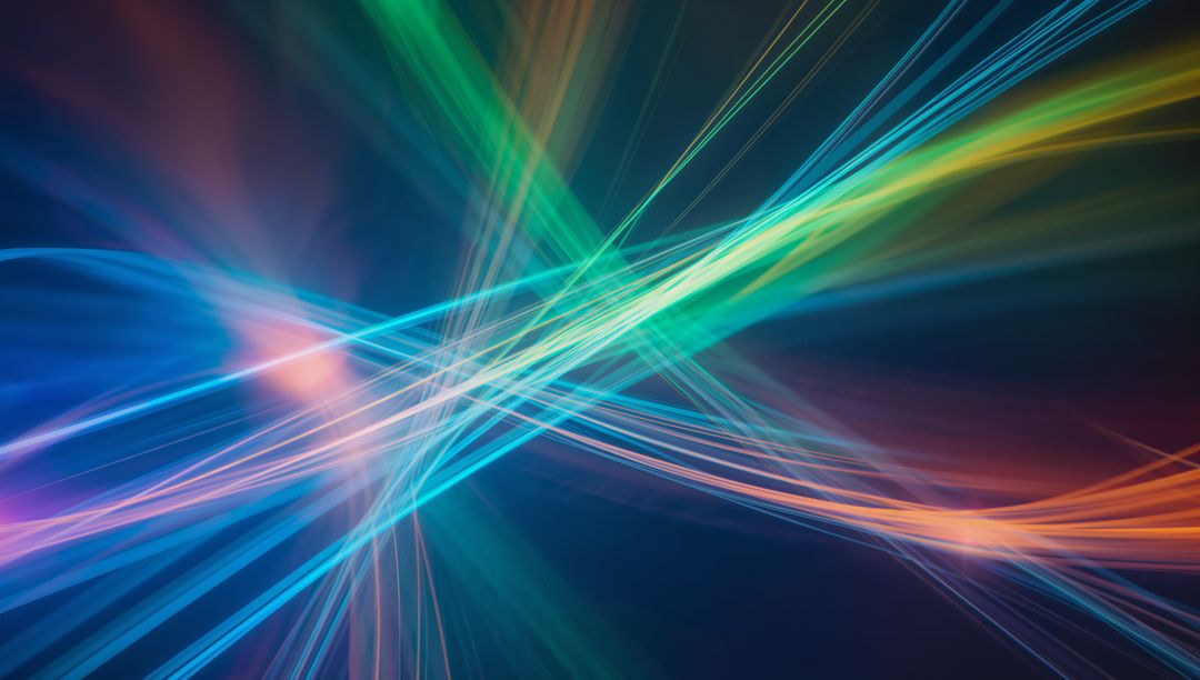 Flowing Intersecting Neon Light Ribbons Creating X Focal Point in Dark Vivid Digital Space