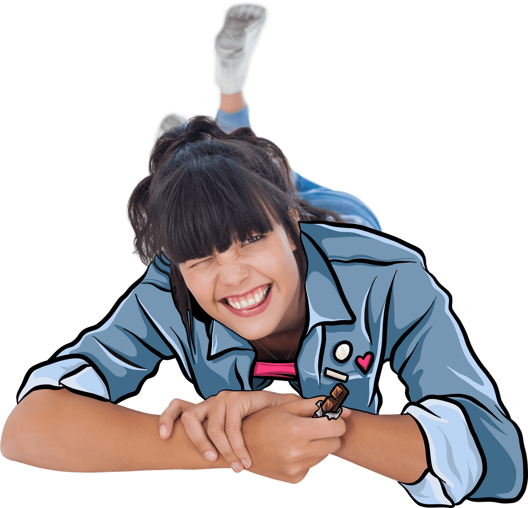 Happy Woman with Drawn Clothes Overlay on Transparent Background