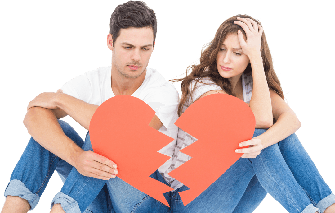 Young Couple with Broken Heart Paper on Transparent Background