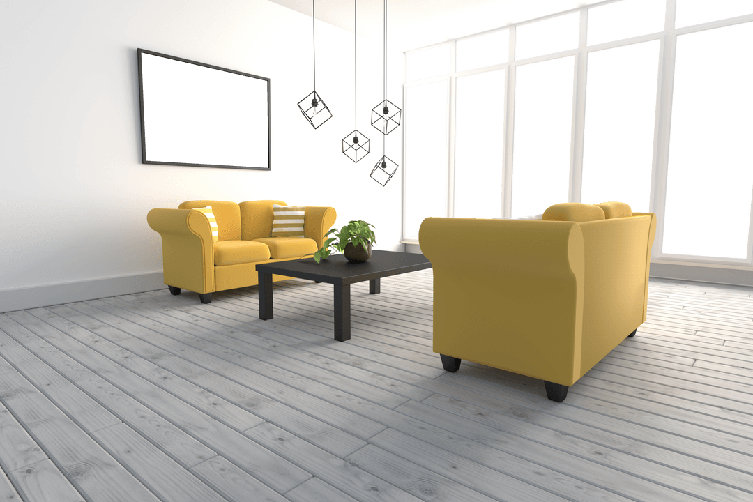 Contemporary Living Room with Yellow Sofas and Transparent Window View