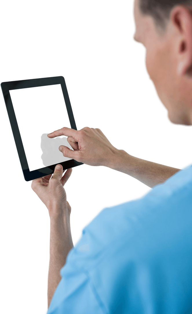 Healthcare Professional Using Transparent Device in Medical Setting