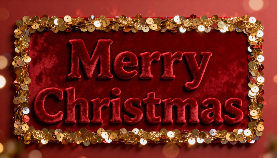 Luxurious Red Velvet Merry Christmas Festive Plaque with Gold Sequins and Warm Bokeh