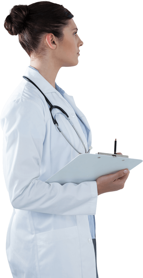 Female Physician in White Coat with Clipboard in Transparent Background