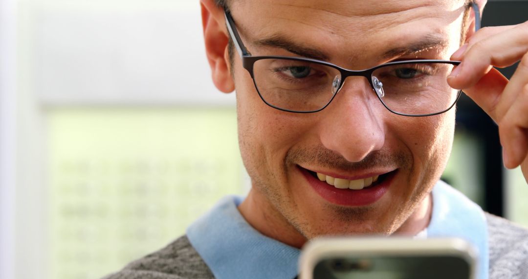 Man Wearing Glasses Smiling While Looking At Smartphone Beaming With Happiness - Free Images, Stock Photos and Pictures on Pikwizard.com