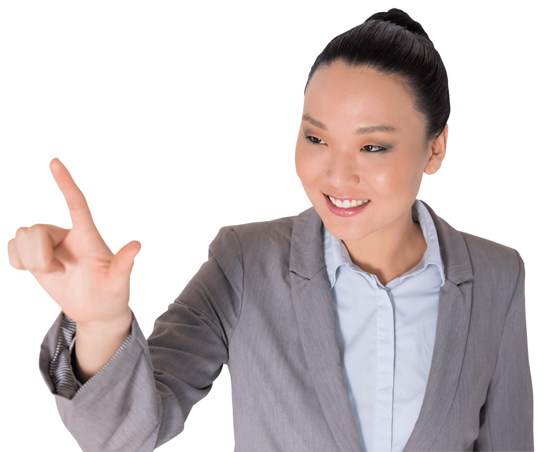 Smiling Asian Businesswoman Pointing On Transparent Background Isolated PNG