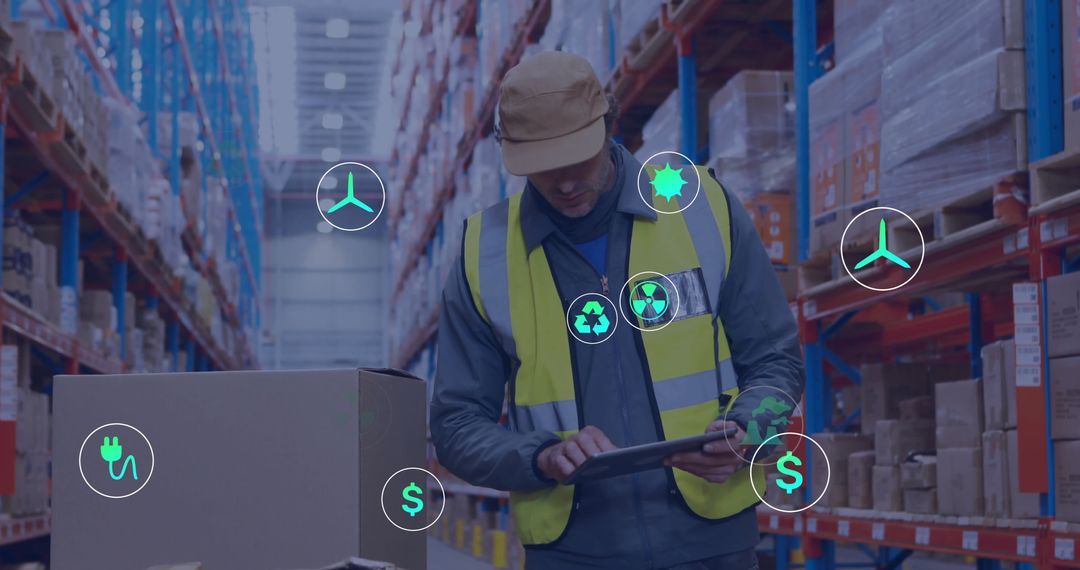 Warehouse Worker Utilizing Tablet Tech for Sustainable Logistics
