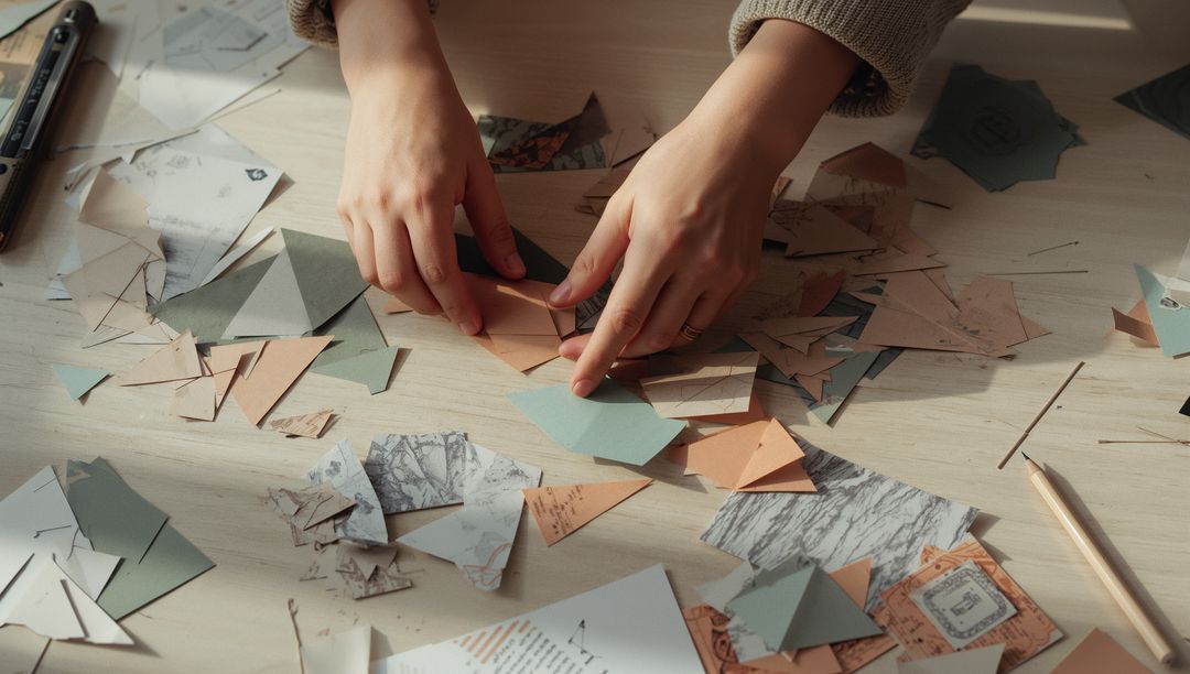Hands Creating with Paper Cutouts on Artistic Desk