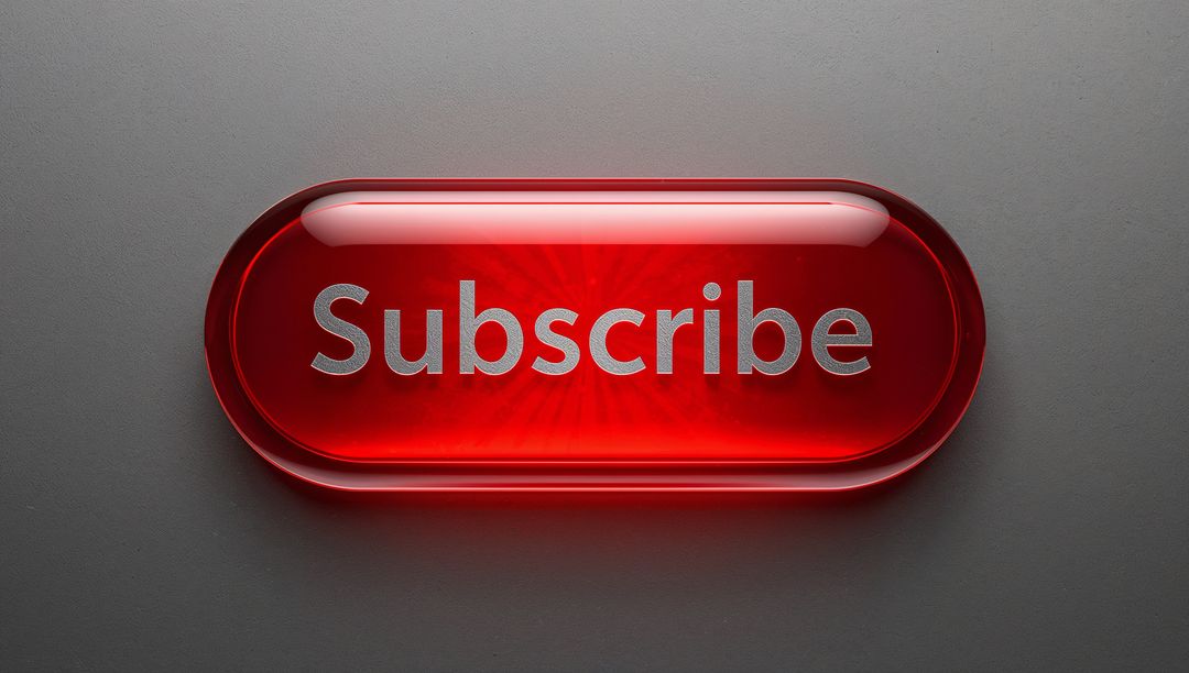 Glossy Red Subscribe Button with Metallic Text, Soft Glow and Minimal Gray Background