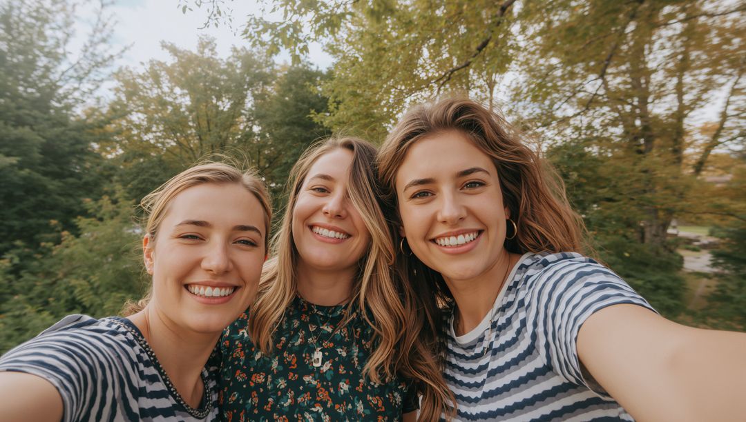 Smiling Friends Enjoying Nature with Selfie