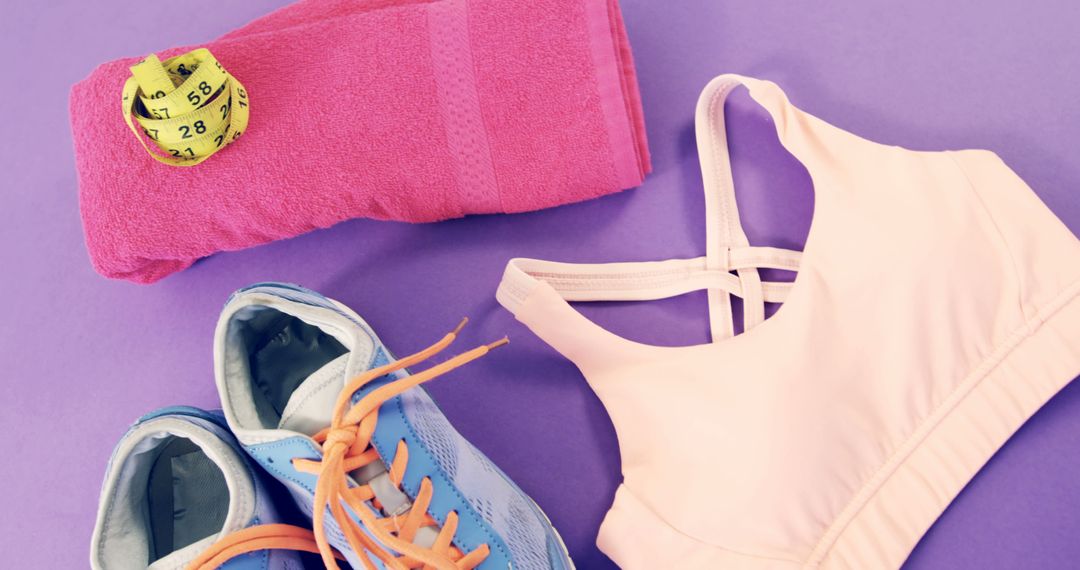 Pink Towel, Sports Bra, Running Shoes, and Measuring Tape on Purple Background - Free Images, Stock Photos and Pictures on Pikwizard.com