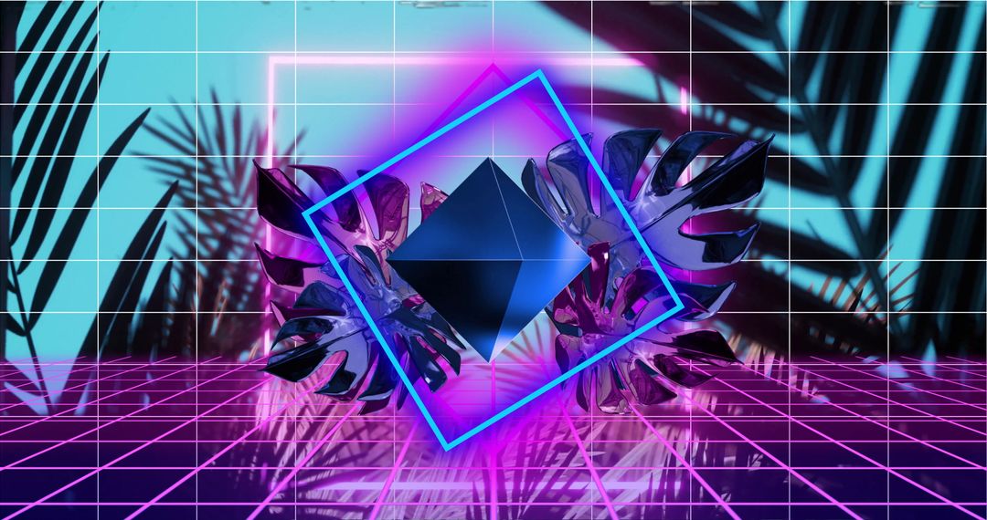 Futuristic Neon Frame with 3D Diamond and Antropical Leaves