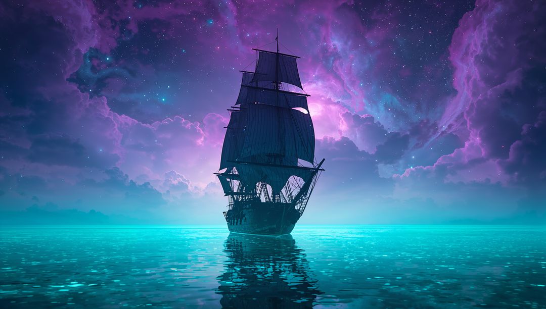 Sailing Tall Ship in Ethereal Night Under Starry Sky
