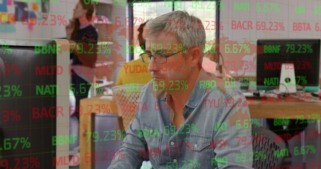 Caucasian Businessman Analyzing Digital Stock Data Overlay