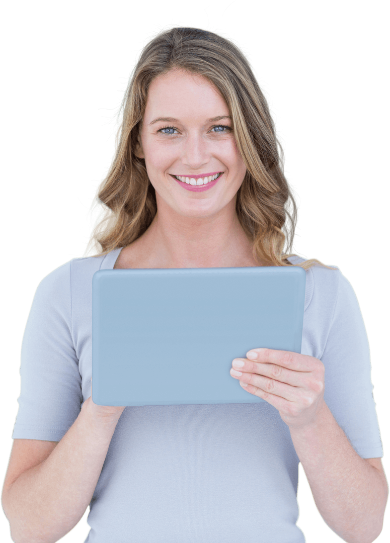 Transparent Portrait of Smiling Woman Holding Digital Tablet