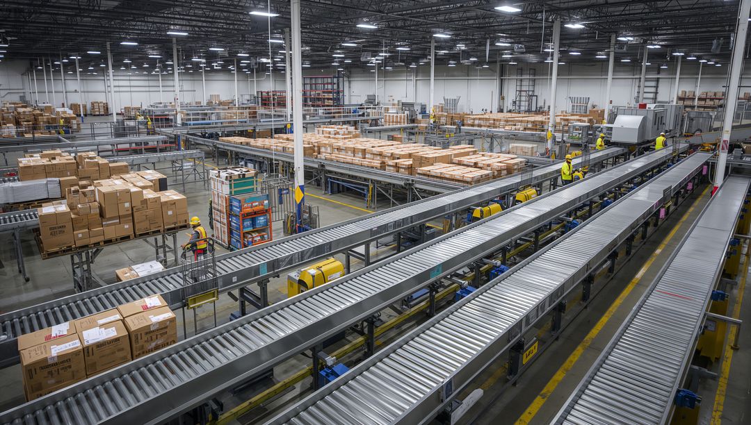High-volume fulfillment warehouse with automated conveyors transporting boxed orders
