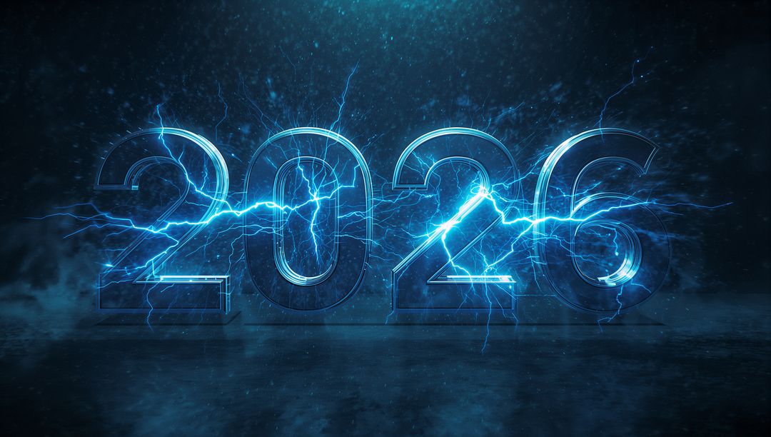 Futuristic 2026 Neon Numerals Glowing with Blue Lightning and Reflective Wet Floor