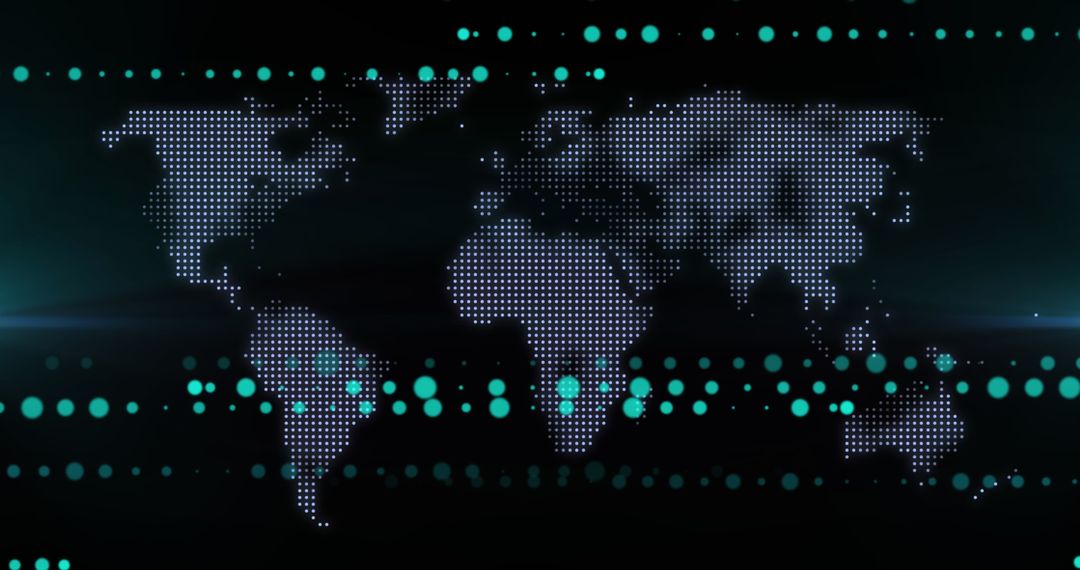 Digital World Map with Glowing Dots and Tech Background