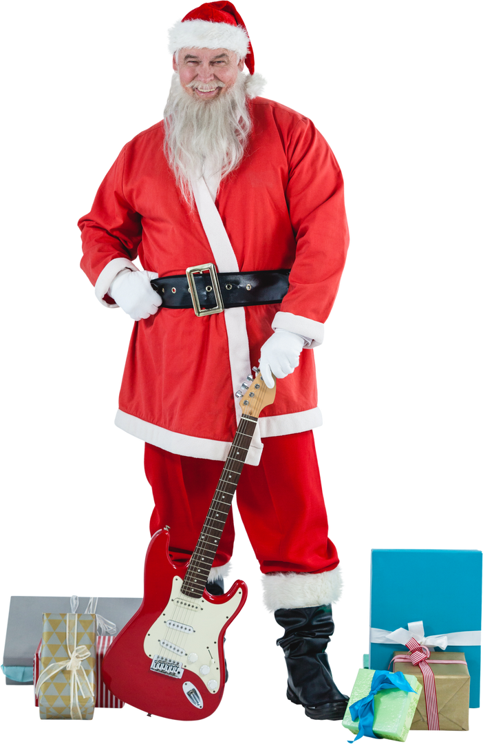 Transparent Santa Claus Standing with Guitar and Gifts on White Background - Download Free Stock Images Pikwizard.com