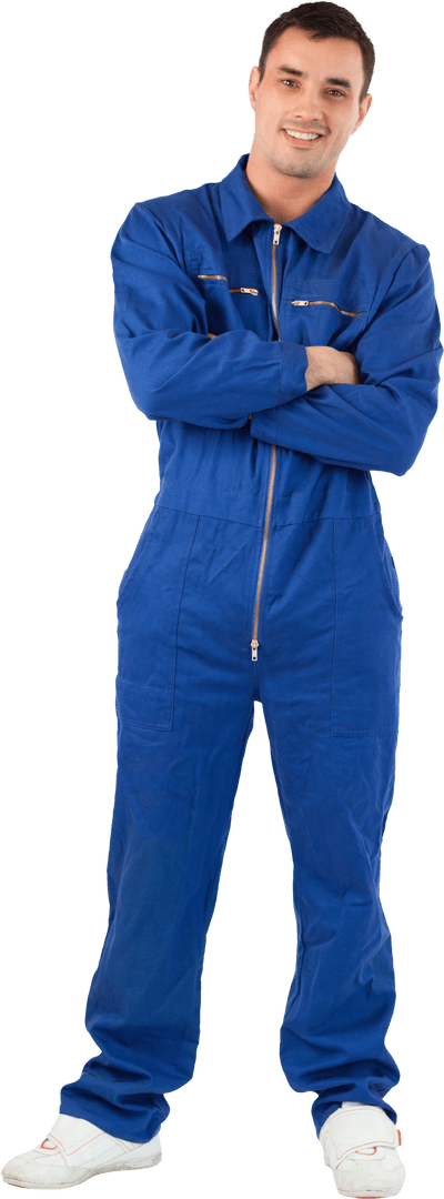 Confident Mechanic Posing in Blue Uniform on Transparent Background