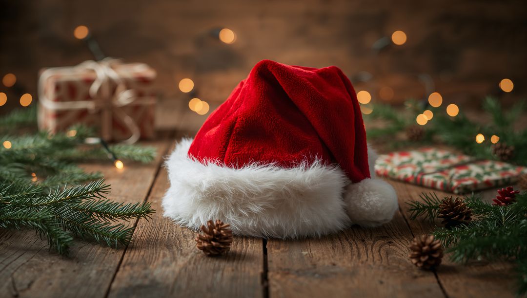 Red Santa Hat on Rustic Wooden Table with Pinecones, Wrapped Gifts and Warm Bokeh Lights
