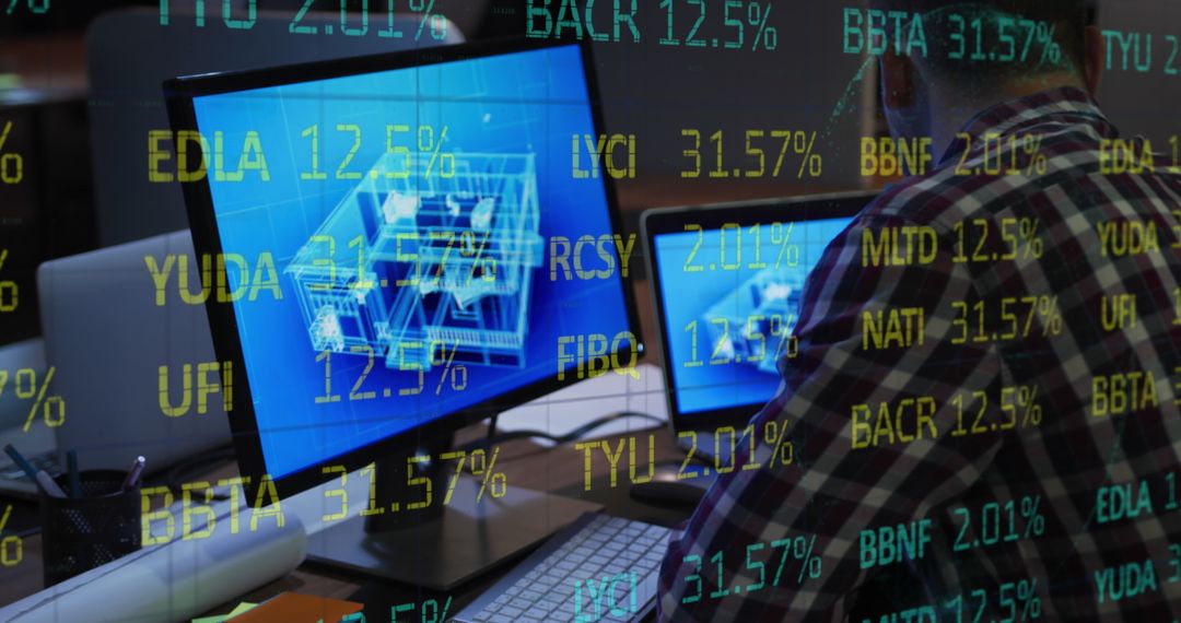 Businessman Analyzing Financial Data on Computers in Office Scene