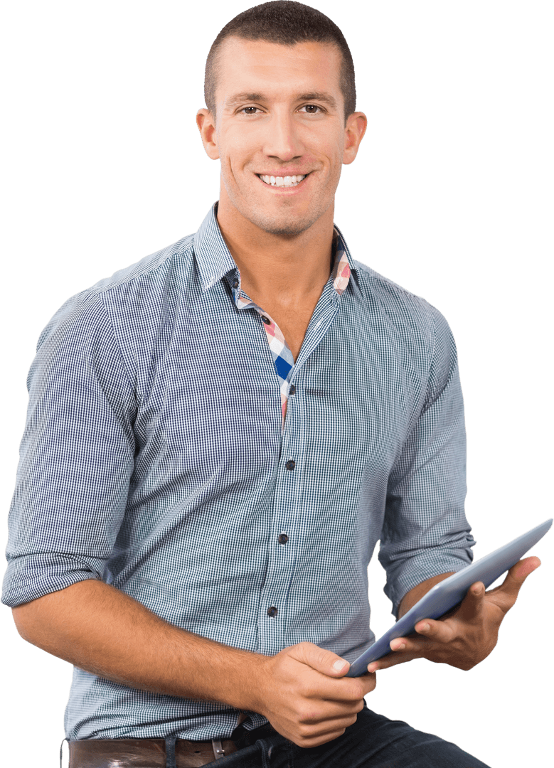 Confident Businessman Holding a Tablet with Transparent Background