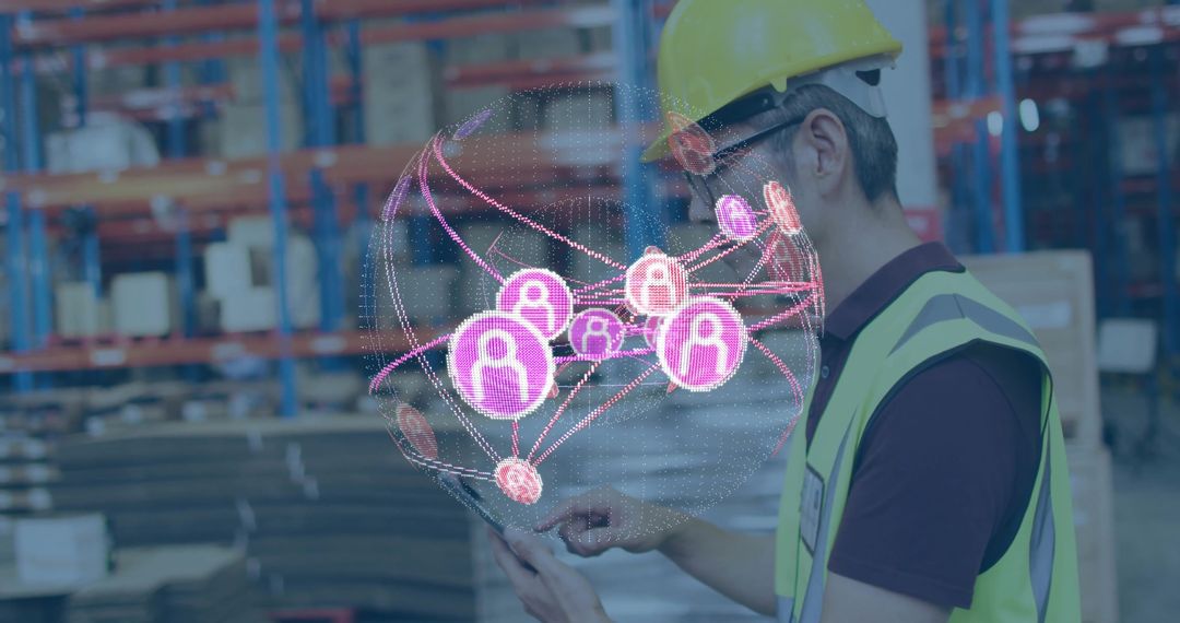 Worker Using Tablet in Warehouse with Network Visualization
