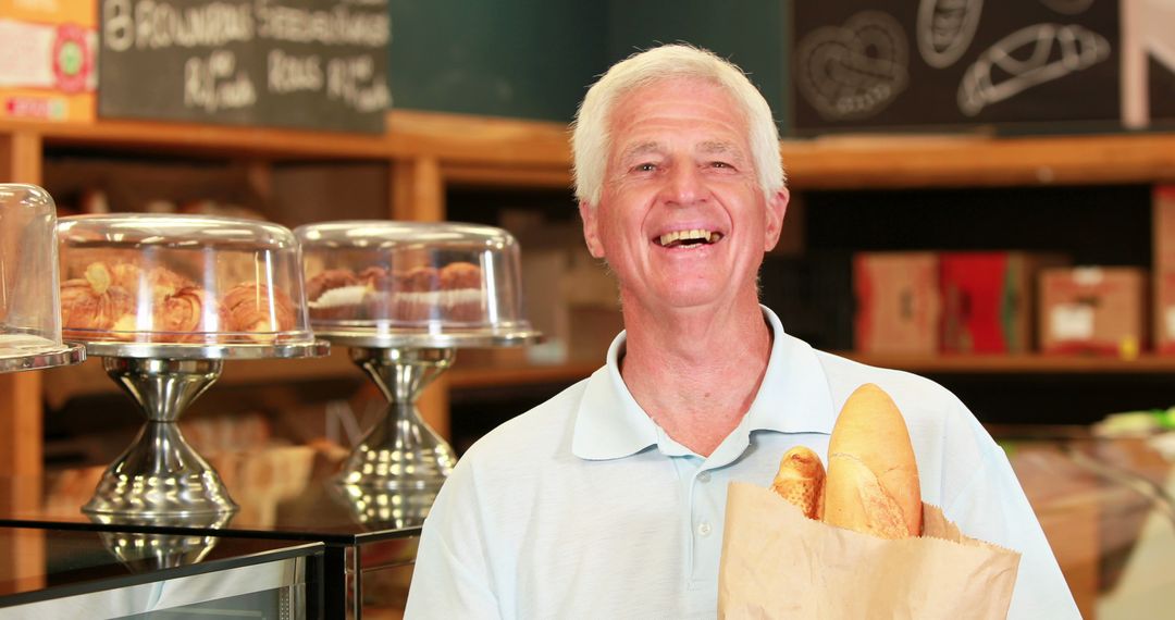 Senior Man Smiling with Fresh Bread in a Bakery - Free Images, Stock Photos and Pictures on Pikwizard.com