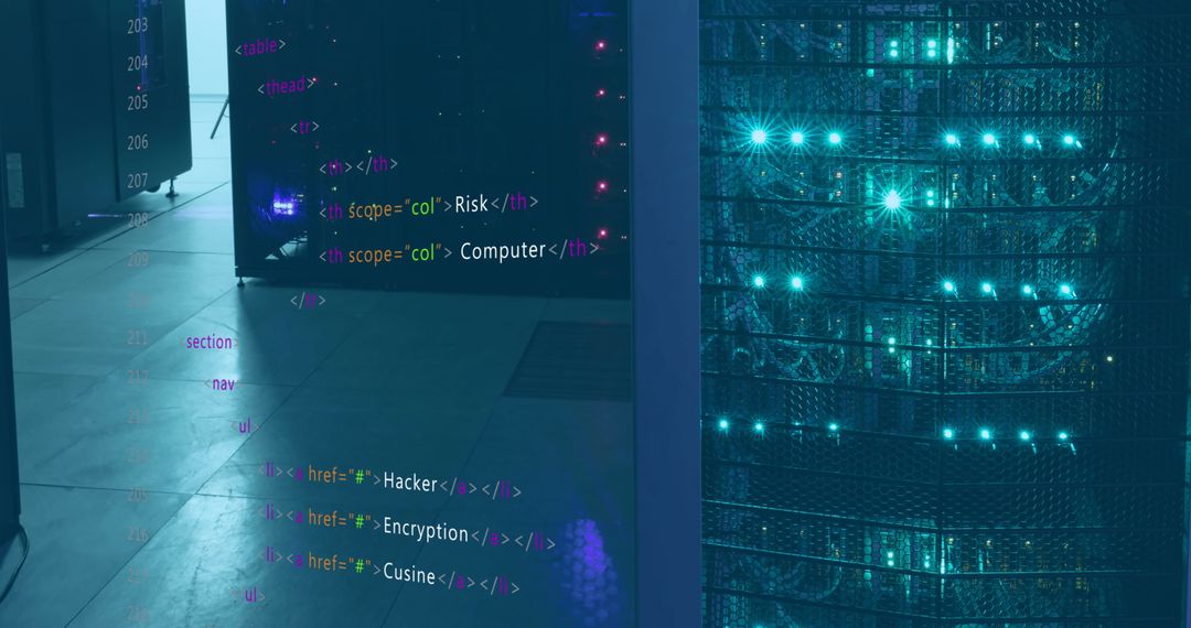 Programming code overlay on midst of data server racks in tech environment