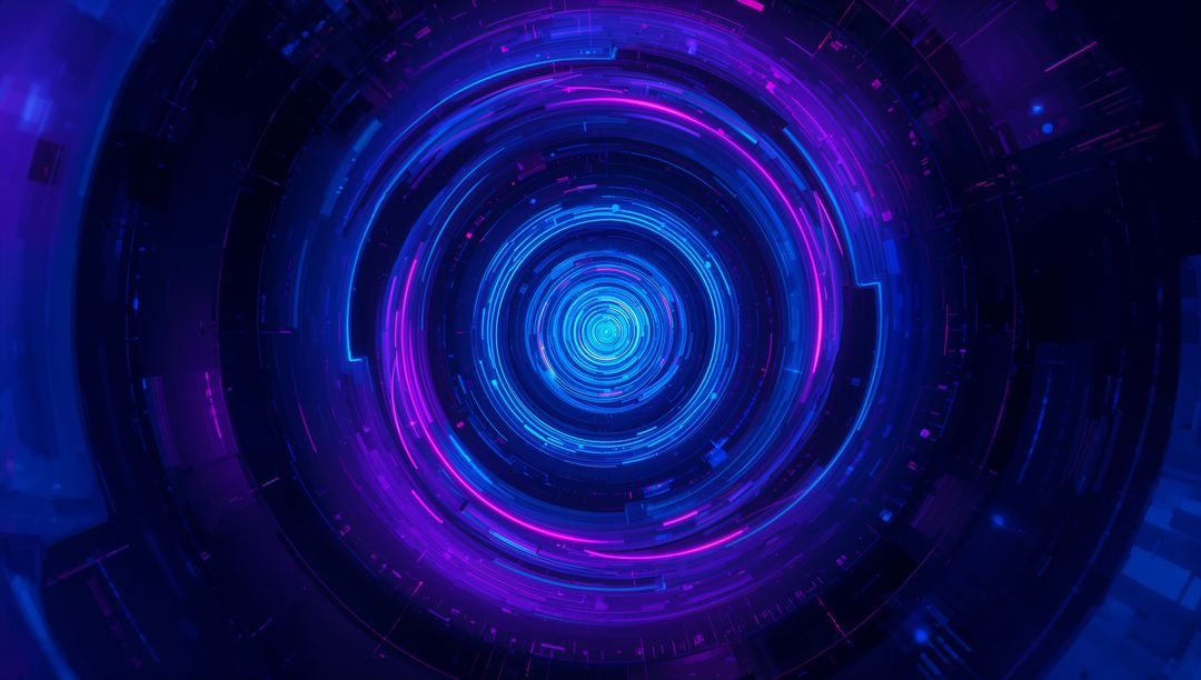 Futuristic Neon Digital Vortex with Light Trails and Circuit Patterns