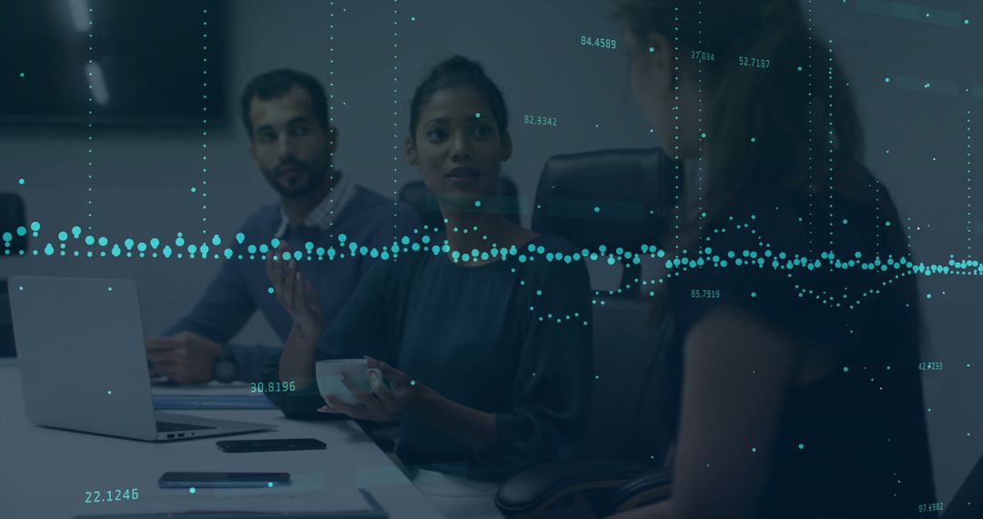 Business Team Analyzing Data Waves in Modern Office Boardroom