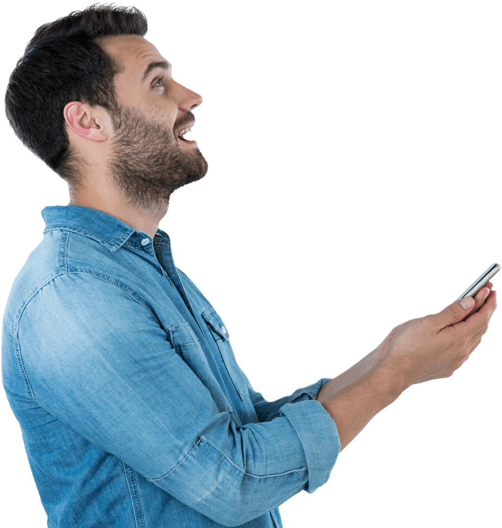 Transparent Dreamer with Mobile Phone Gazing Upward