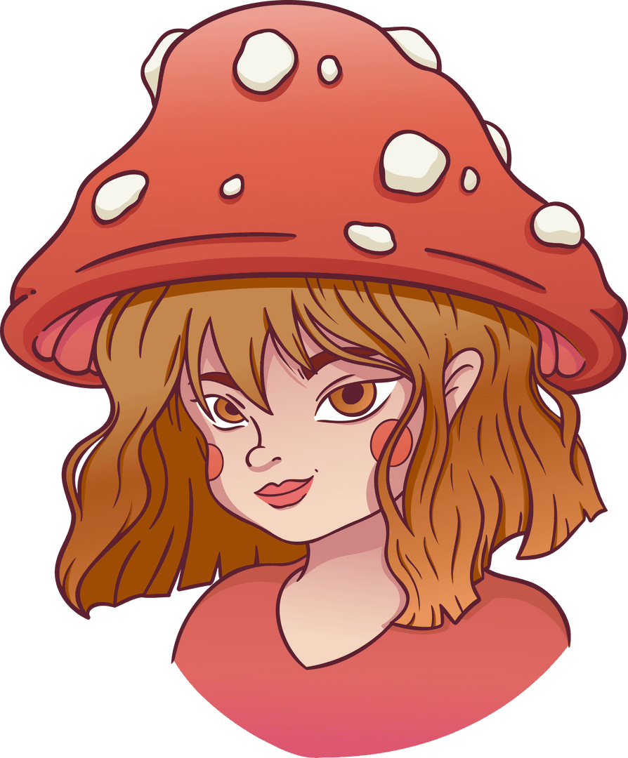 Whimsical Cartoon Girl with Mushroom Hat on Transparent Background