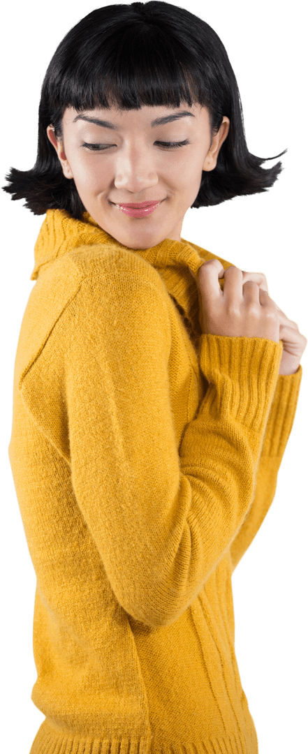 Smiling Woman in Golden Sweater Posing on Transparent Background